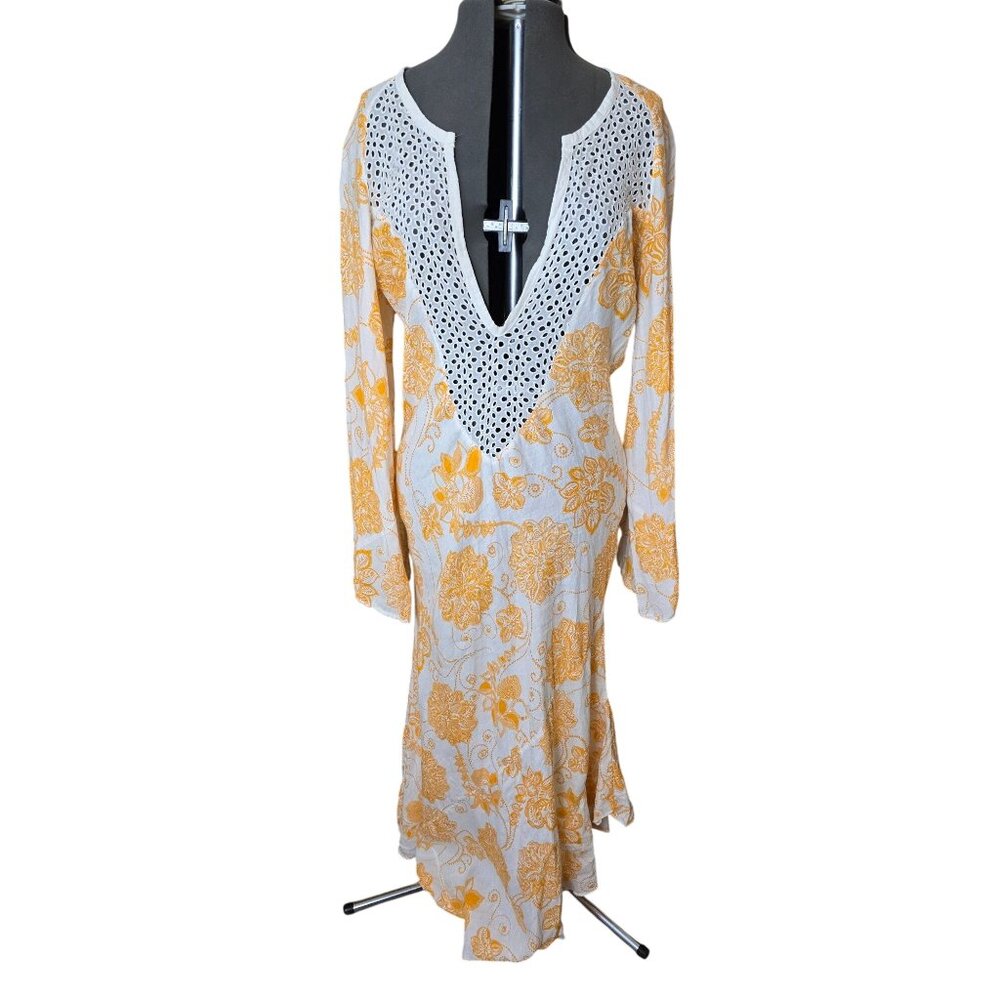 Sunday 100% Linen‎ Eyelet V-Neck Midi Dress/Beach Cover Up Floral Resort M - Picture 2 of 8